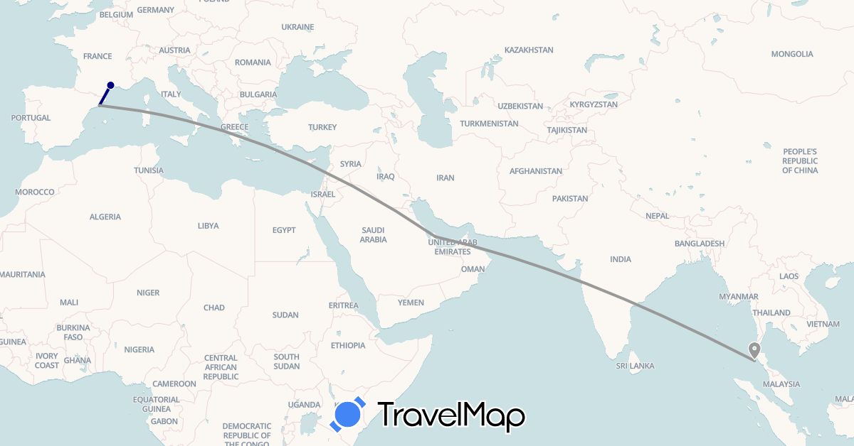 TravelMap itinerary: driving, plane in Spain, France, Qatar, Thailand (Asia, Europe)